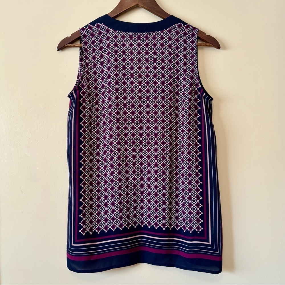 LOFT|Blue Purple White Sleeveless Tunic Side Slit Blouse w/Mandarin Collar Sz XS - Picture 2 of 4